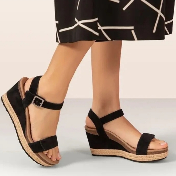 Aetrex Sydney Quarter Strap Espadrille Wedge Black Leather Size - Main Image